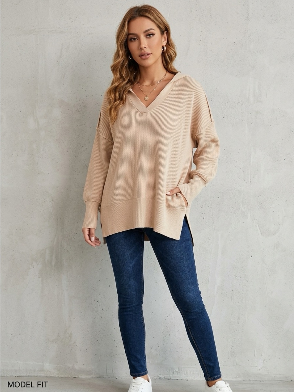 Beige Rib-Knit V-Neck Hooded Sweater Exposed Seams - Size S